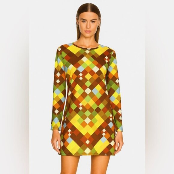 RARE TOUR-LAVA DENMARK geometric POP Dress HARLEQUIN PRINT white S crewneck LS - Picture 1 of 8